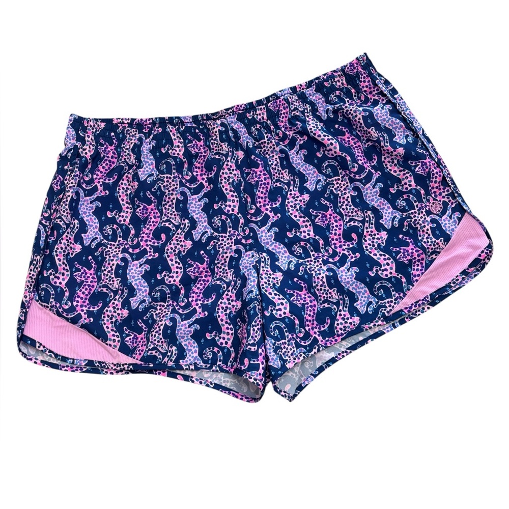 Lilly Pulitzer Luxletic Leopard Print Athletic Shorts Sz Md Navy Purple Pink Gym
